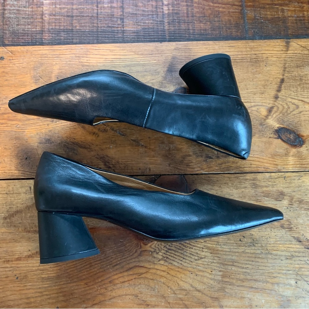 eos Black Pointed Toe Low Flared Block Heel Pumps